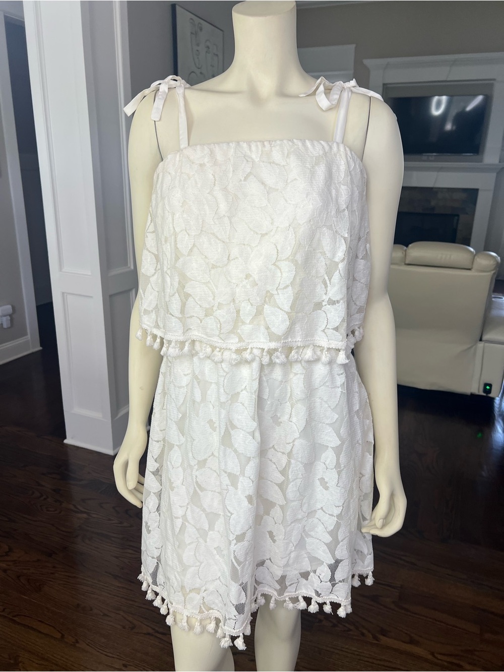 Xhilaration White Lace Pom-Pom Tie-Shoulder Mini Dress
